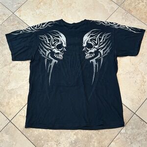 Vintage Black Skull Tribal Graphic Shirt Mens XL Black Short Sleeve Tee Biker
